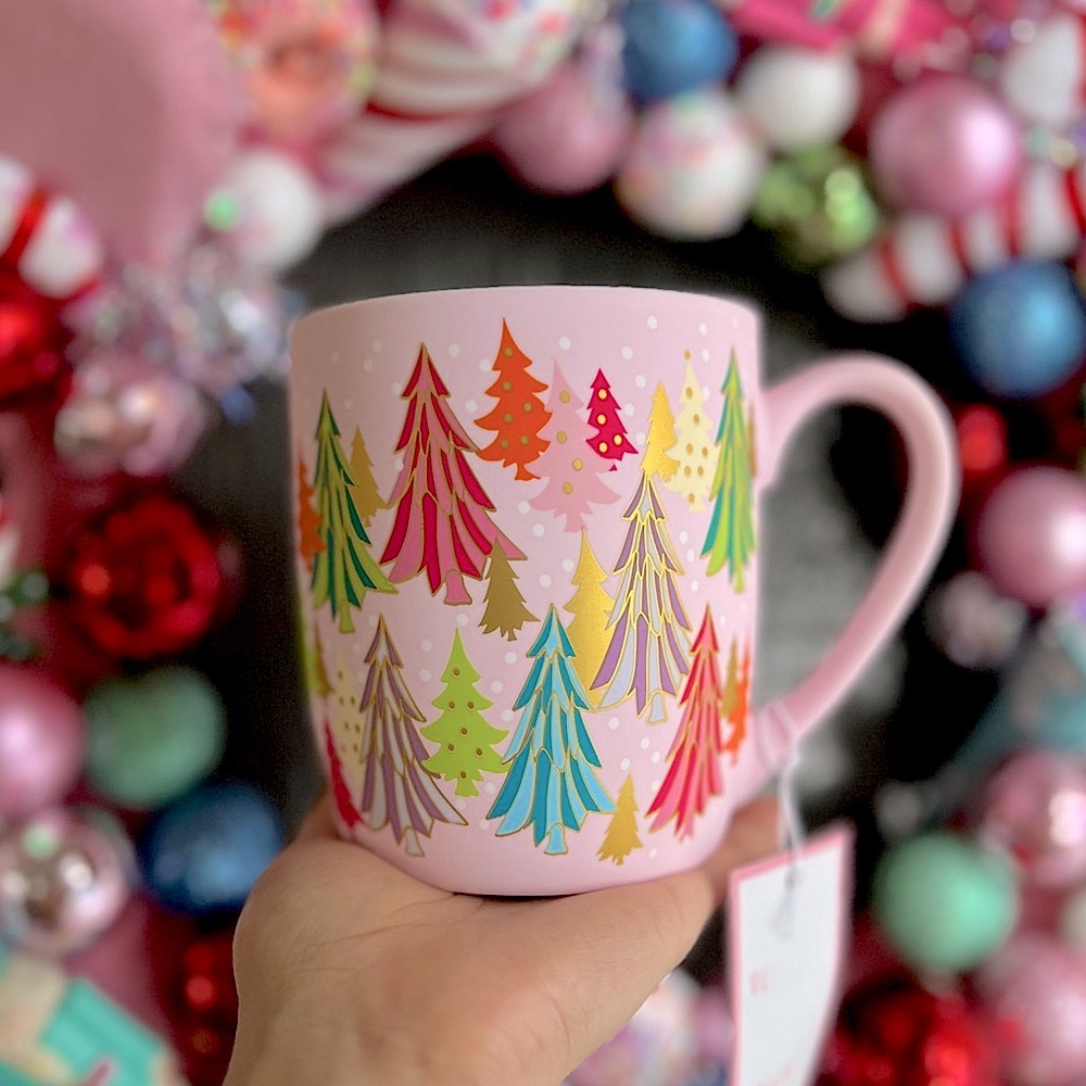 LAST FEW✨NEW💗Peppermint and Pine Soft Touch Pink Mug with Colorful Trees🎄